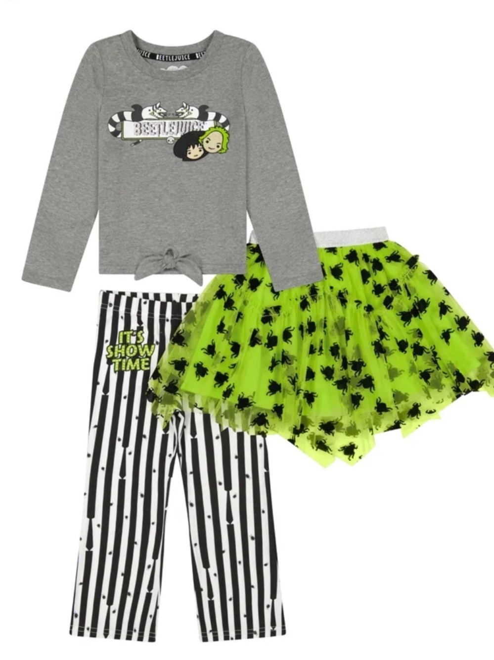 Warner Bros. Beetlejuice Gray Top , Striped Pants & Neon Green Spider Tutu Set